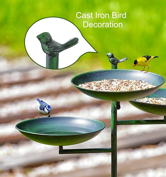 44" H Bird Bath and Feeder for Outside, 3 in 1 Free Standing Metal Birdbaths for Outdoors, with Cast Iron Bird 4-Prong Stake Base for Outdoors Yard Garden Patio, Green