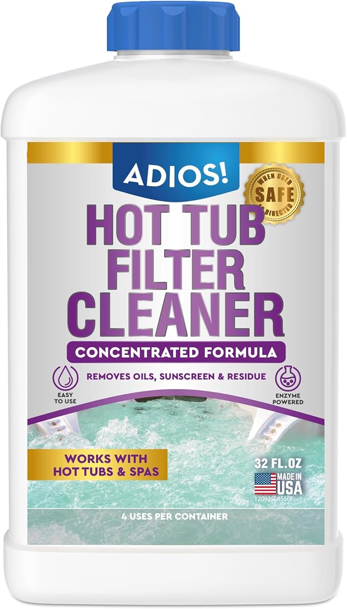 Adios! Hot Tub 4X Filter Cleaner for Spas – Deep Cleaning Soaking Solution Dissolves Grease and Grime, Unclogging and Restoring Water Flow (32oz)