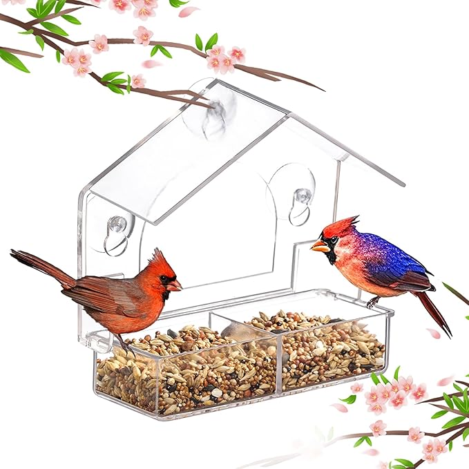 Window Bird Feeder with 3 Extra Strong Suction Cups, Clear Birdfeeders Bird House for Outdoors Window Viewing Outside, Removable Tray Birdhouse