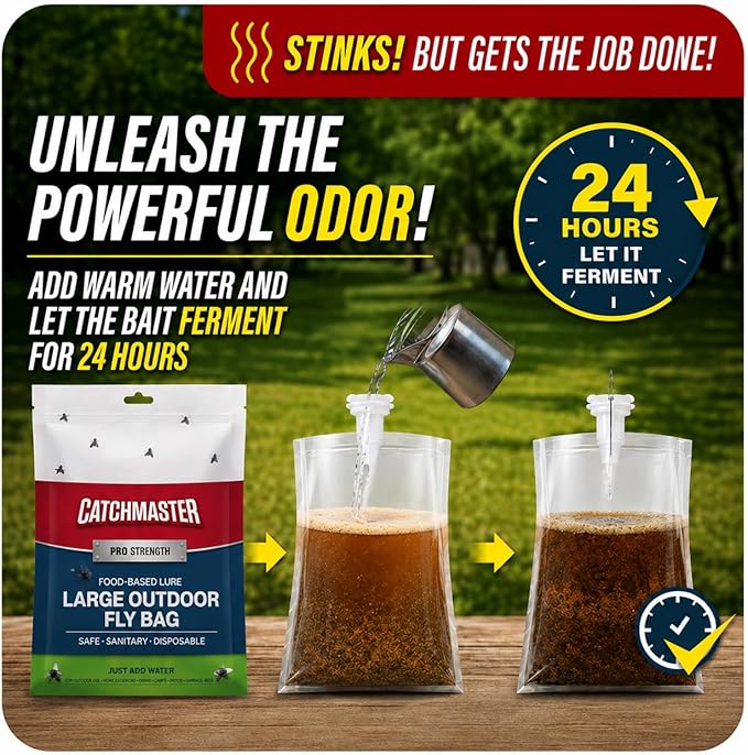 Catchmaster Disposable Outdoor Fly Trap, 8 Hanging Bags with Bait | Catches house, bottle & blowflies, Holds up to 30,000 flies, Food-based lure, no spray needed, For barns, coops & ranches
