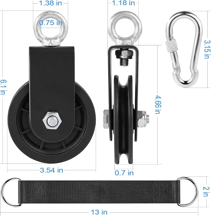 3.54 in Cable Pulley 360 Rotation Traction Wheel with Carabiner and Strap,Silence Smooth Detachable for DIY Gym Pulley System,DIY Gym Attachment Lifting Blocks,Ladder Lift,Hoists,Clothesline