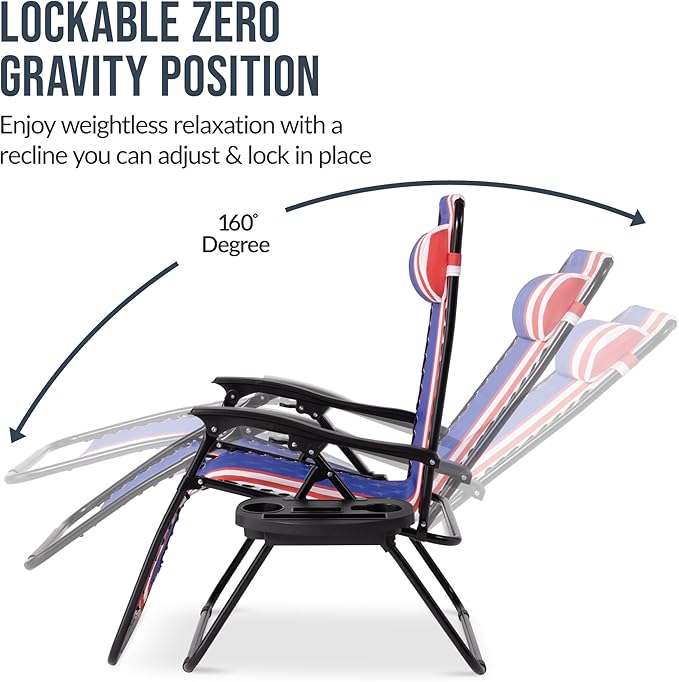 Best Choice Products Set of 2 Extra Wide Adjustable Steel Mesh Zero Gravity Lounge Chair Recliners w/Pillows and Cup Holder Trays - American Flag