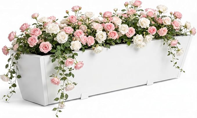 Railing Planter for Outdoor Plants 36'' Metal Hanging Flower Pot with Adjustable Brackets & Drainage Railing Planter Box Countryside Flower Plant Holder for Garden Yard Patio Balcony Deck Decor White