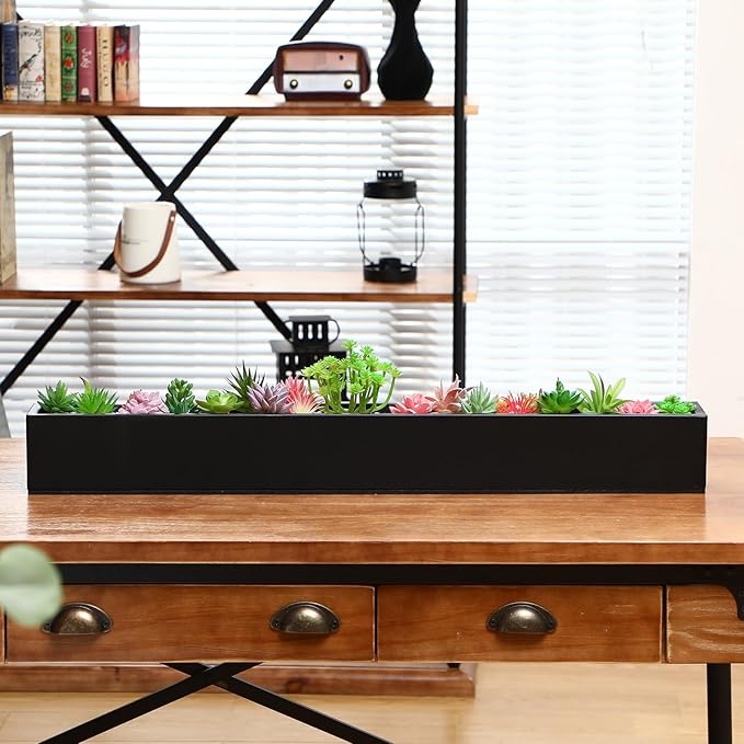 FillTouch 1 Pcs Long Rectangular Planter Box Window Sill Plant Box Metal Water Trough Indoor Large Modern Steel with Drainage Holes Herb Garden Home (32 x 3.5 x 3.5 Inch,Black)