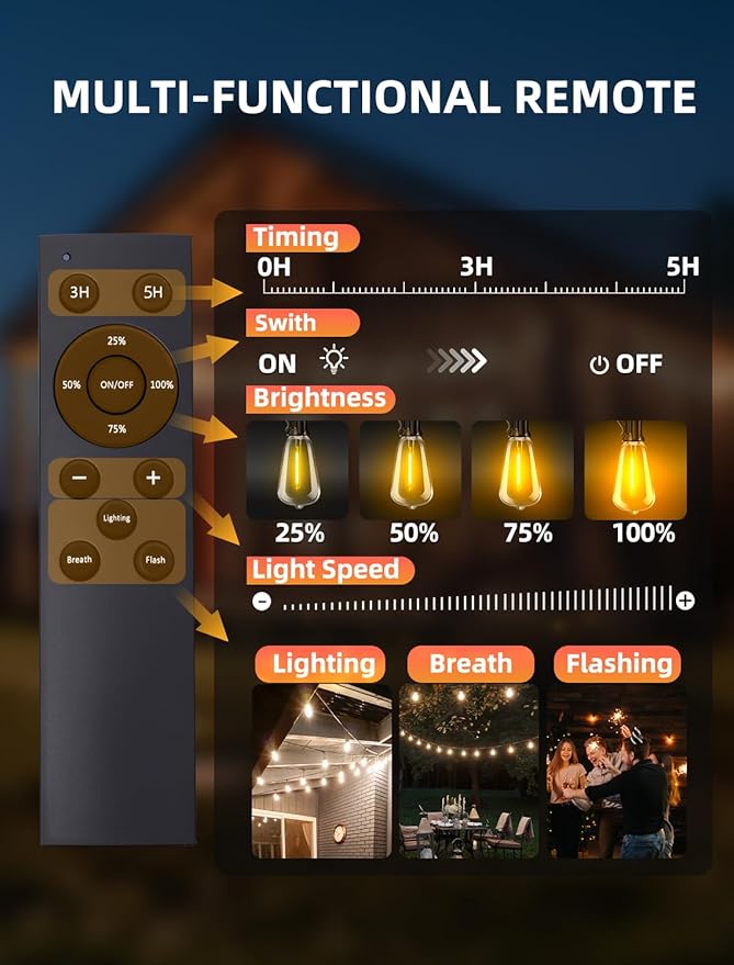 Outdoor Patio String Lights: S14 Shatterproof Bulb Outside Waterproof Light - 200Ft 60M Remote Dimmable Connectable Hanging Outdoor Electric Lighting - Garden Backyard Yard Gazebo Porch Party
