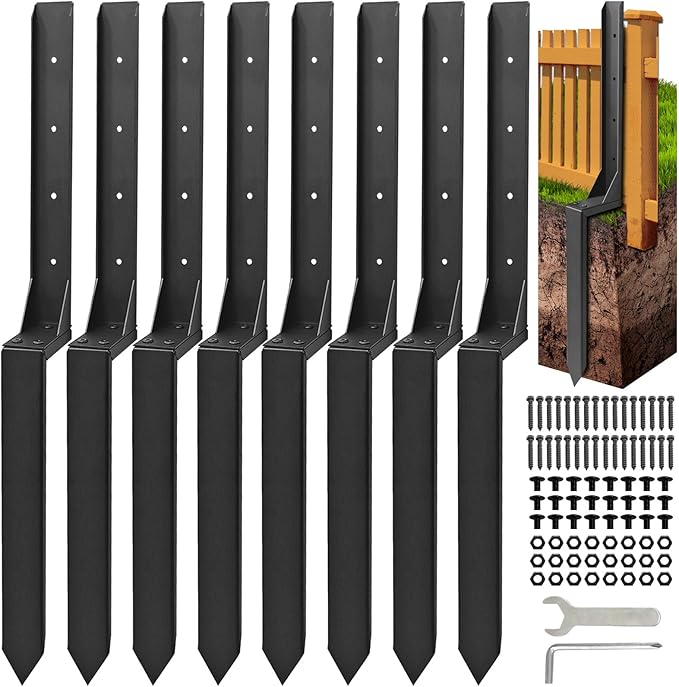 Fence Post Repair Kit, Thickened Heavy Duty Fence Post Anchor Stakes for Repair Tilted, Broken Wood Posts Support (Black, 8 Pack)