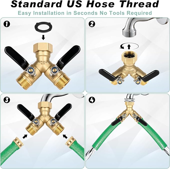 Dalmbox Garden Hose Splitter 2 Way, Brass Y Hose Connector With Long Handle Shut Off Valves, 3/4" GHT Heavy Duty Outdoor Faucet Adapter, Water spigot Splitter for Garden Watering, Lawn, Car Wash
