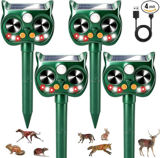 4Pack Upgraded Deer Repellent Devices Solar Ultrasonic Animal Repellent Outdoor with Motion Sensor Strobe Light for Squirrel Raccoon Rabbit Cat Bird Volume Control Keep Pests Out of Yard Farm