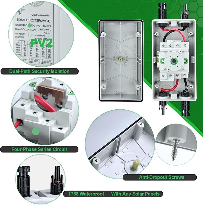 Solar Disconnect Switch 4-Pole DC1500 32A Isolator Solar Switch with Enclosure for Rooftop Solar Systems, RVs and Boat Waterproof IP66 Red 2MC4