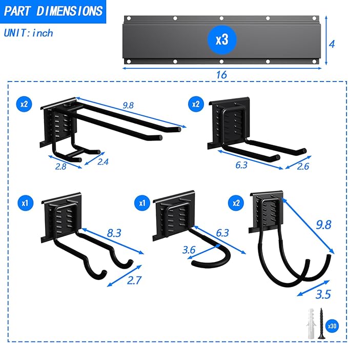 CBWLWJ Garage Tool Organizer Wall Mount, 64 inch Garage Wall Organizer, 660lbs Sturdy Garden Tool Organizer with 8 Adjustable Hooks, for Yard, Shed, Basement, Workshop(Black)