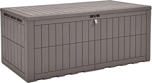 YITAHOME XL 200 Gallon Large Deck Box, Waterproof Resin Outdoor Storage Box with Lock and 3-Person Bench Seating for Patio Furniture Cushions,Garden Tools & Pool Accessories, Light Brown