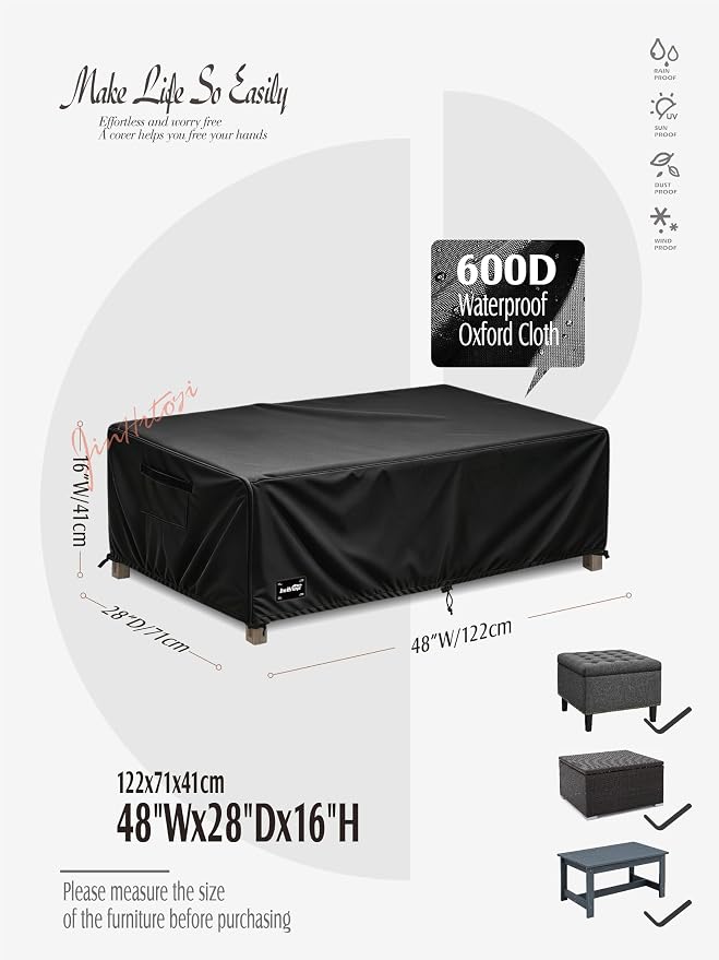JinHrtoyi Patio Coffee Table Cover,48Wx28Dx16H Inches 100% Waterproof Heavy Duty Outdoor Rectangular Side Table Cover,Black Minimalism Style Outdoor Furniture Covers