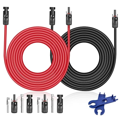 Solar Extension Cable 20Feet 10AWG (6mm²) Solar Panel Cable Red & Black PV Wire Male Female Connector Adapter Gauge Wire for PV System