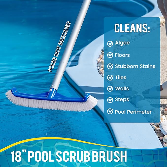 Pool Brush Head - 18" Pool Brush for Cleaning Pool Walls, Premium Swimming Pool Brush with Strong Bristle & EZ Clip, Curved Ends High-Efficiency Pool Accessories for Inground Pools, Tiles, Floors