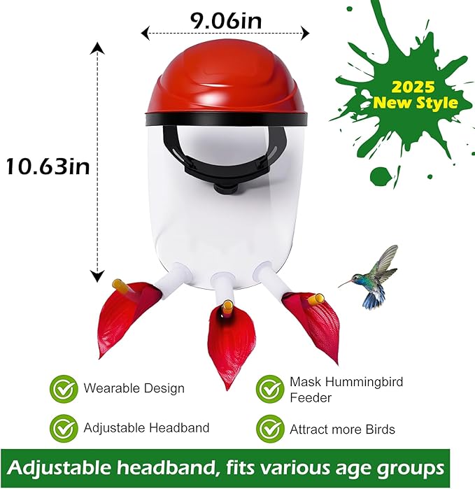 2025 Upgraded 2 Pack Hummingbird Feeder Helmet | Wearable Hummingbird Mask Feeder with Anti-Fog Lens & Bionic Flower | Adjustable for Adults & Teens Lightweight PVC Red