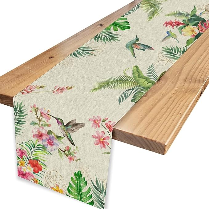 Floral Birds Table Runner, Rustic Watercolor Tropical Palm Leaf Hummingbird Pink Spring Flower Coffee Table Center Decor for Family Kitchen and Dining Farmhouse Party Table Decorations, 13"x90"