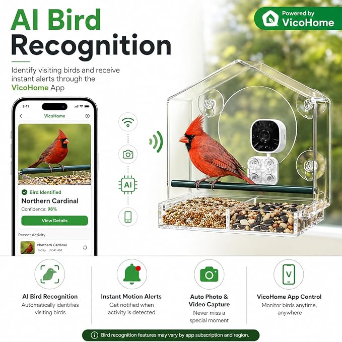 VicoHome X22 Bird Feeder Camera with Smart Window - Clear Acrylic, Outdoor Birdhouse Cam, Full-Color Night Vision, AI Bird Recognition, Motion Alerts, App Control, IP65 Waterproof