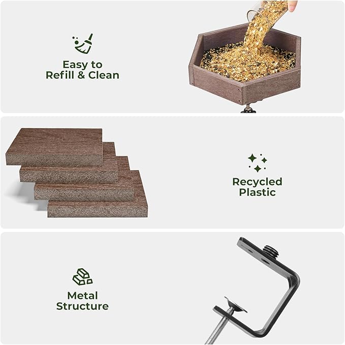Kingsyard Clamp-On Deck Bird Feeder 11in Hexagon, Adjustable Balcony Railing Clamp 2.2in No-Drill, Recycled Plastic Seed Tray Metal Mesh Drainage Easy-Clean 3 lb, Brown