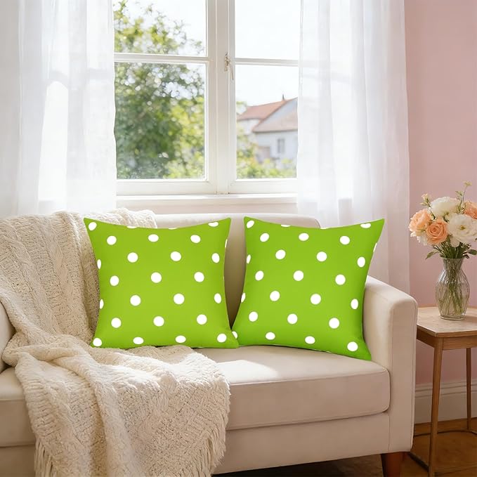 SquarePie Outdoor Pillow Covers Set of 2 Waterproof Decorative Throw Pillow Cases Patio Cushion Covers for Spring Couch Balcony Bench,18x18 inch Green Polka Dot