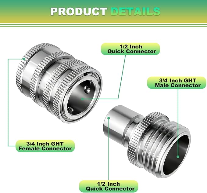Stainless Steel Garden Hose Quick Connect Fittings Set, 3/4 Inch GHT Quick Connect Hose Fittings, Water Hose Quick Connect Fittings, Quick Release Connectors for Hoses and Sprayers (5PCS)