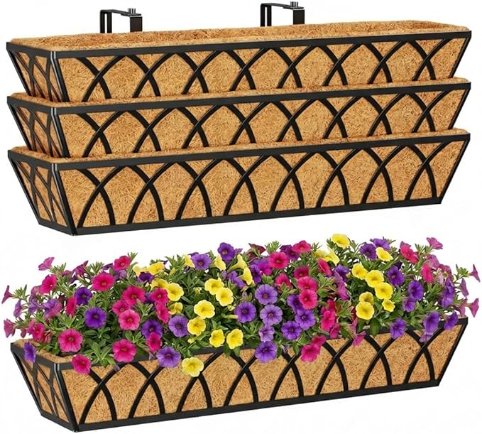 Y&M 4 Pcs 30'' Deck Railing Planters Outdoor Balcony, Large Metal Window Box Deck Railing Planter with Coco Liner for Outdoor Balcony Porch Fence Patio Rail