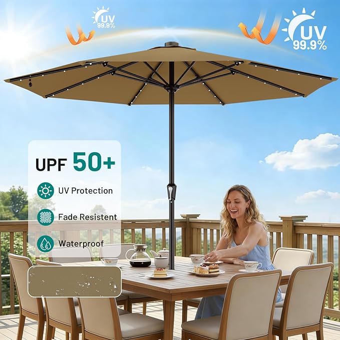 AreShark 11FT Large Patio Umbrella with Solar Lights, Lighted Solar Umbrella with Crank, Outdoor Table Market Umbrellas for Garden, Deck, Backyard, Pool and Beach, Khaki