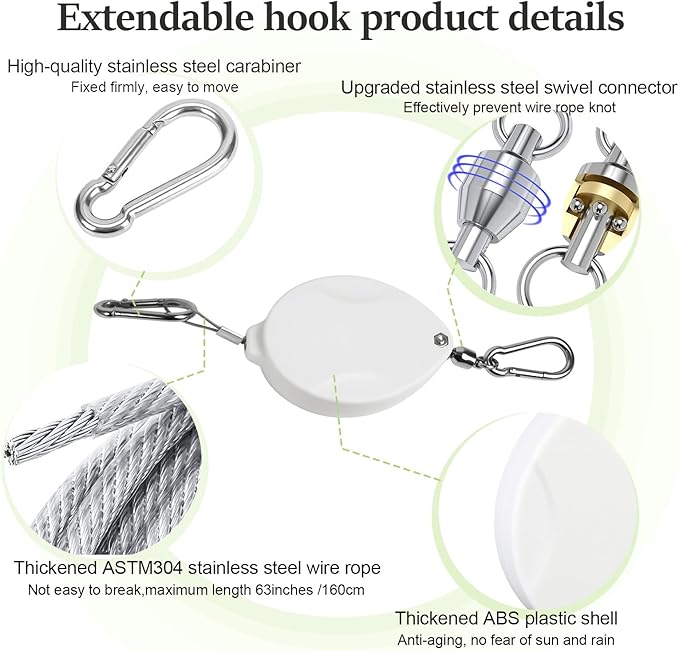 2 Pcs Upgraded Heavy Duty Retractable Plant Hanger,Plant Pulleys for Hanging Plants,Easy to Raise and Lower,Auto Lock,Adjustable Hook for Garden Baskets Pots,Birds Feeder and Wind Chime,White