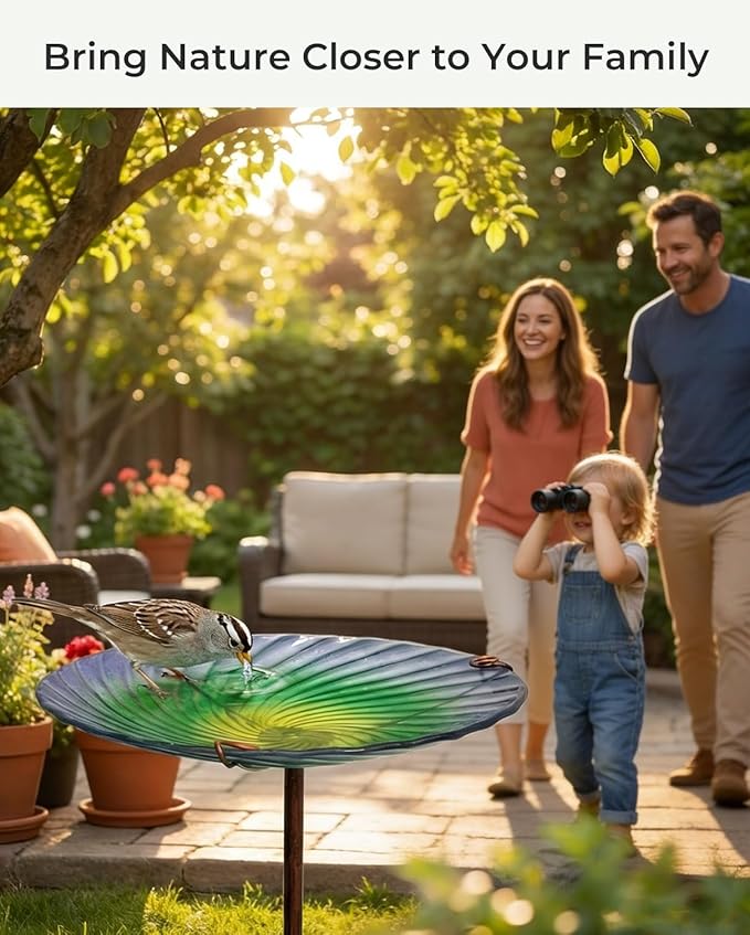 10.5" D Glass Bird Bath with Stake – Shallow Bird Bath for Outside Garden Backyard – Decorative Birdbath & Feeder for Patio Lawn – Hand-Painted Glass Water Dish, Blue