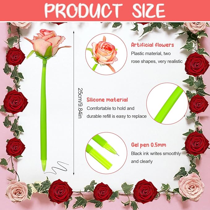 28 Pcs Flowers Pen Artificial Rose Pens Mother's Day Rose Shaped Ballpoint Pen Black 0.5mm Gel Ink Rollerball Pen Valentine's Day Flower Gel Ink Pens for Women Office School Supplies Students