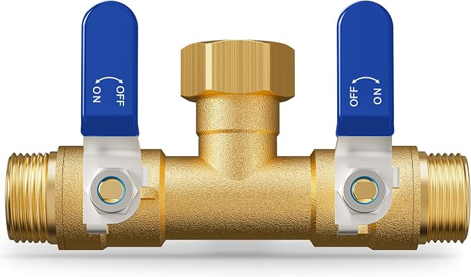 Hose Splitter 2 Way, Heavy Duty Brass Garden Hose Splitter | 0.59" Full Flow Ball Valve Outlet, Shut-Off Valve, 3/4" GHT Thread Water Hose Connector For Outdoor Spigot Faucet (Blue)