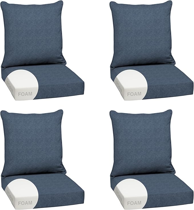 Arden Olefin Outdoor Foam Deep Seat Cushion Set (4-Pack), 24x24, Premium High-Density Foam, Never Flattens, Weather-Proof for Patio Chair Sofa Couch, Denim Alair