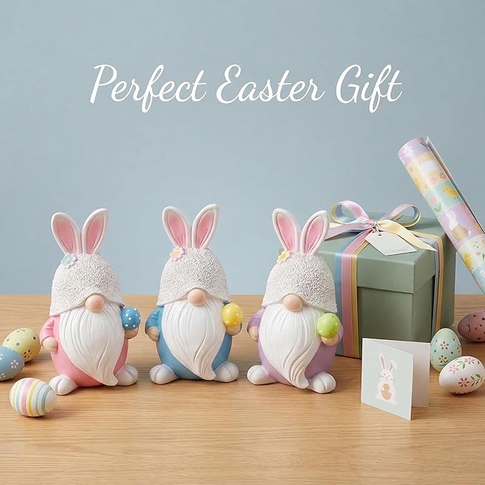GoGnome Easter Gnome Figurines Set of 3 – Bunny Ear Resin Gnome Easter Decorations for Home | Spring Tabletop Decor, Tiered Tray Decorations, Cute Easter Bunny Gnomes (Pink/Blue/Purple)