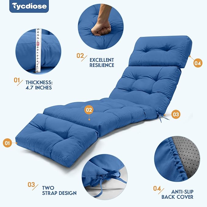 Outdoor Chaise Lounge Chair Cushion Waterproof 74.4 x 22 x 4.7 Inches Lounge Chair Cushions Replacement for Outdoor Furniture with Ties, Thickened Pool Lounge Chair Cushion, Royal Blue
