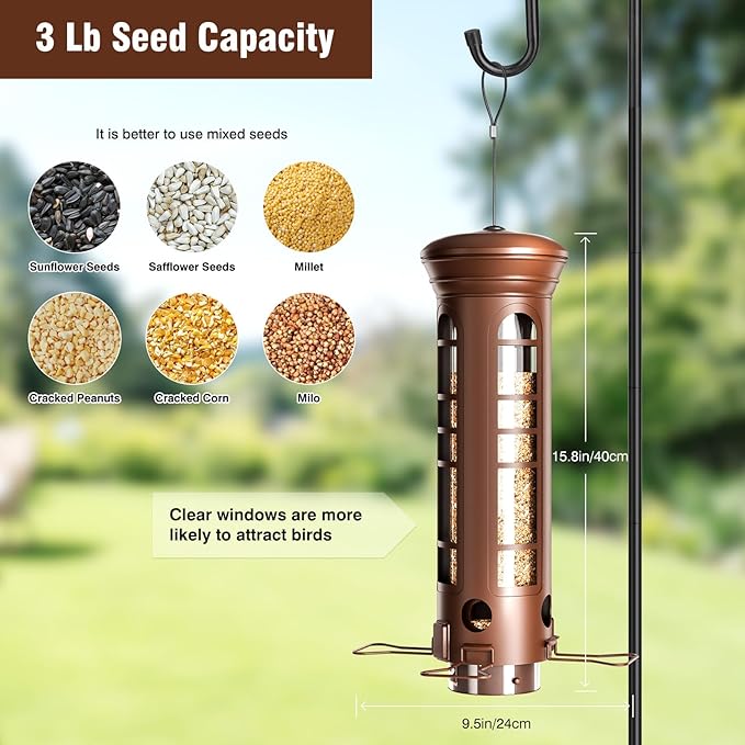 Squirrel Proof Bird Feeder for Outdoors, 360° Weight-Sensitive Activation, Removable Base for Easy Cleaning, 3 Lbs Capacity, 4 Feeding Ports, Tube Metal Bird Feeder for Cardinals, Finches