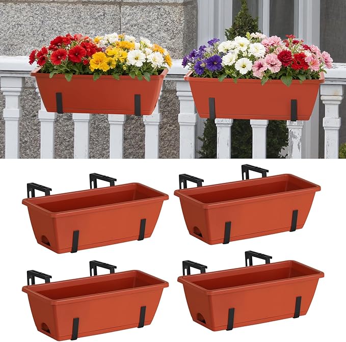 CADUKE Railing Planter Box 16.9 Inches Fence Hanging Planters with Adjustable Brackets Red Deck Railing Planter Boxes Plastic Outdoor Balcony Railing Window Boxes Planters Hanging Flower Box
