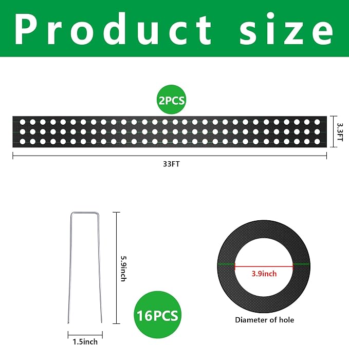 CODREE 2 Pcs Heavy-Duty Garden Weed Control Barrier - 33 x 3.3 Ft Landscape Fabric with Planting Holes - Weed Block Gardening Mat with 16 Ground Nails