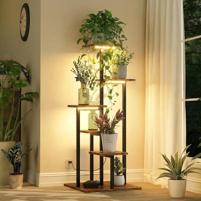 5 Tier Plant Stand Indoor with Grow Light for Multiple Plants | Corner Flower Stand with Vintage Design, Multi-Layer Plant Shelf, Sturdy Build, Ideal for Living Room & Indoor Plant Display