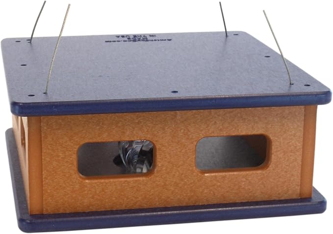 Bluebird Feeder - Hanging Block House Mealworm Feeder for Bluebirds - Amish-Made with Poly Lumber (Patriot Blue and Cedar)
