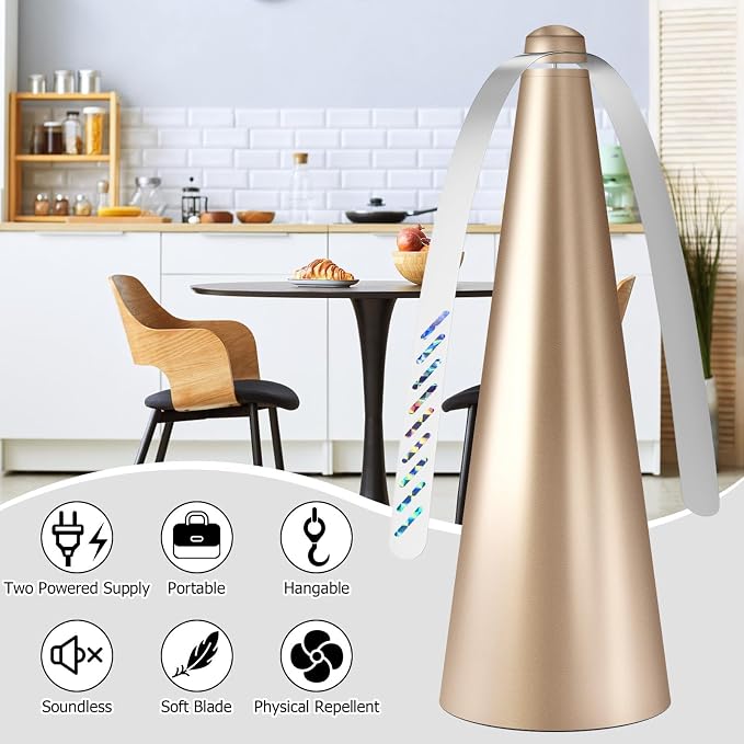 Glovv Fly Fans for Tables, Bug Food Fan Outdoor Indoor Keep Flies Away, 4 Pack Portable Batteries Powered Picnic Table Top Spinner with Metal Hanger, Fly Repellent for Restaurant, Camping (Golden)