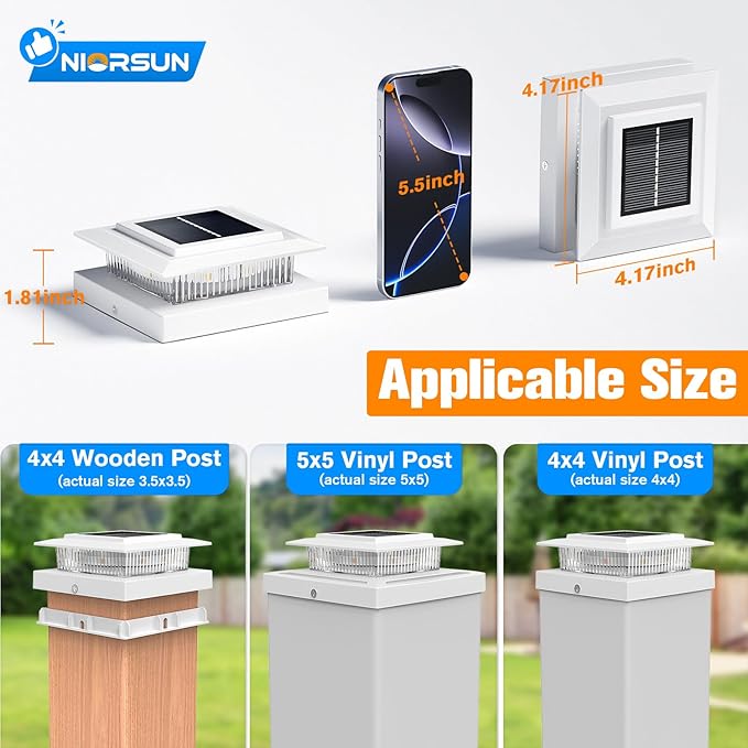 NIORSUN Solar Post Cap Lights Outdoor Waterproof, 4x4 Post Solar Lights RGB Color Changing, Fence Posts Solars Light for Deck Patio Garden Deco, 4x4 Posts Caps Wood Vinyl, 5x5 Vinyl, 12 Pack (White)