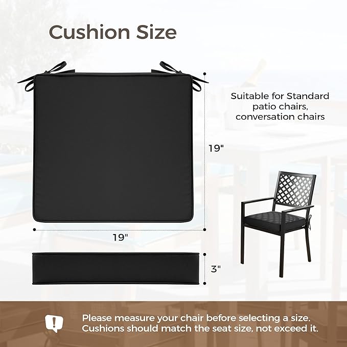 UNIKOME Outdoor Chair Cushions Set of 4, Water Resistant Patio Seat Cushions with Ties for Outdoor Furniture, High-Density Foam, UV & Fade Resistant, Piped Edge – 19" x 19" x 3", Black