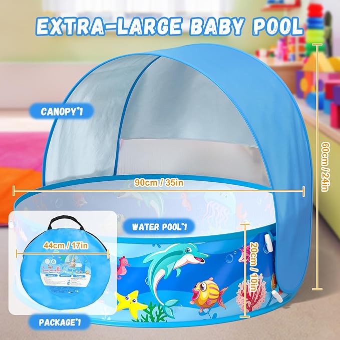 Baby Beach Tent, Pop-Up Above Ground Pool, Foldable Kiddie Pool with Sun Shelter Canopy for Ages 9-48 Months, Toddler Wading Pool, Portable Water Play Sum Toys for Outdoor Activity