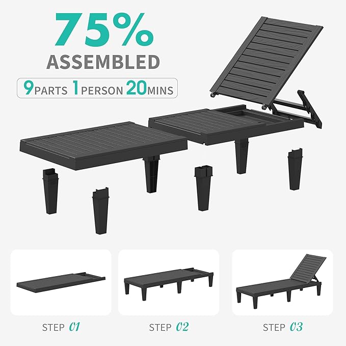 Outdoor Chaise Lounges Set of 2, NUNU LAB 5-Position Adjustable Patio Recliners with All-Weather Resin, Sun Loungers for Deck, Garden, Beach, Pool Sunbathing (Grain Black) (Black Wood Grain, Set of 2)