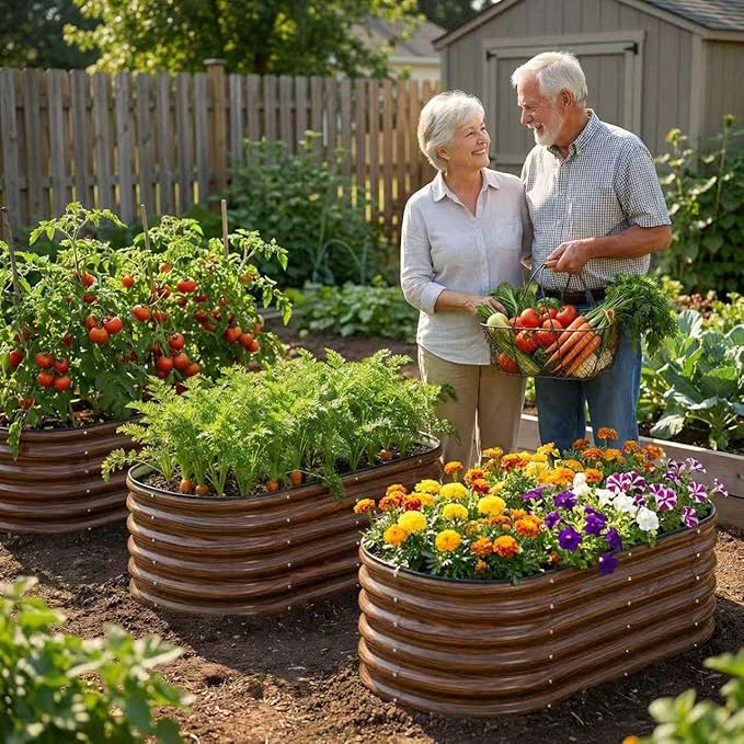 SnugNiture 3 Pcs 4x2x1.5ft Raised Garden Bed Outdoor, 17" Tall Galvanized Metal Planter Box, Oval Raised Garden Bed Kit for Planting Vegetables Plants Fruits, Brown