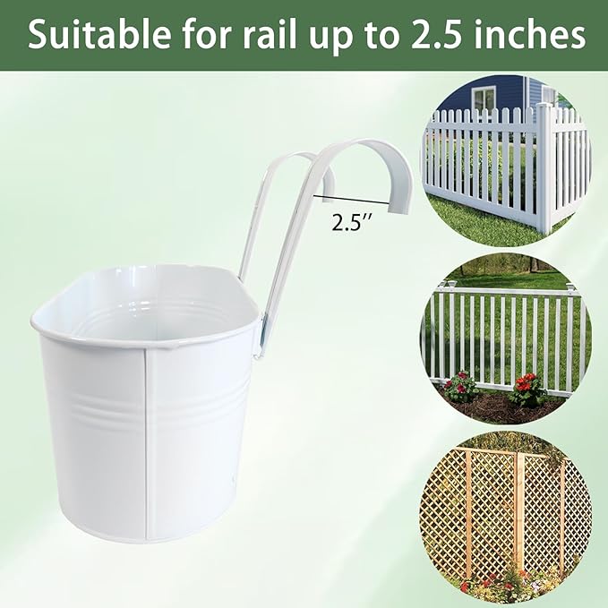 12" Balcony Railing Planters, Outdoor Hanging Planter for Fence, Stylish Metal Porch Deck Flower Pot for Herbs & Succulents (White, Pack of 6)