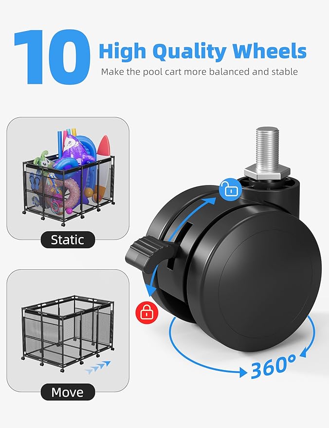POOLHOUR Pool Float Storage – XXL Large Outdoor Pool Toy Storage Organizer for Pool Noodles, Toys, Floats, Balls,Equipment, Mesh Rolling Storage Organizer Bin, Black