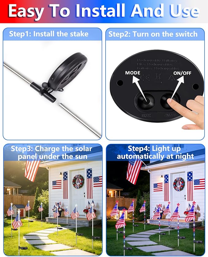 8 Pack American Flag Solar Lights Outdoor, 4th of July Decorations Red White and Blue Star Lights, 2 Modes Waterproof Solar Patriotic Lights for 250th Anniversary Independence Memorial Day Garden Yard