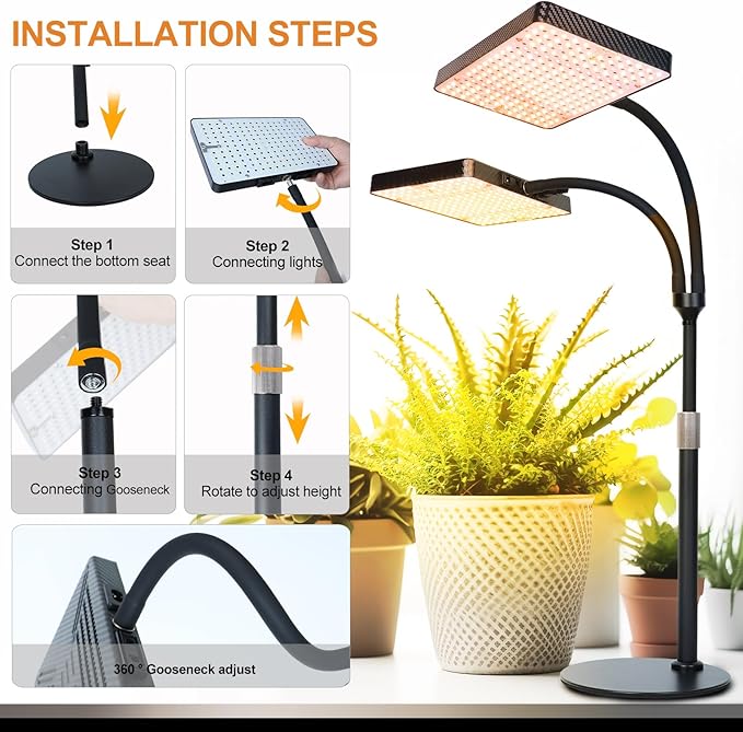 FECiDA 2026 2Head Tabletop Grow Lights for Seed Starting, Indoor Plants, Bonsai, 50 Watt Power Draw, NO Need Adapter, Super Bright and Big Coverage, 4/8/12/16/20 Hr Timer, 16"-24" Height Adjustable