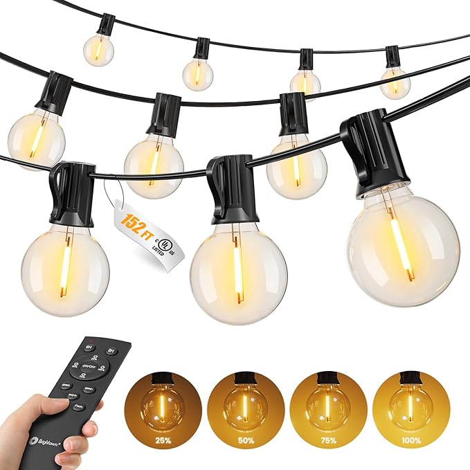 Brightown Outdoor String Lights, 152FT Shatterproof LED Patio Lights with 48 Dimmable Plastic G40 Bulbs, 2700K Waterproof Connectable Hanging String for Backyard, Cafe, Porch, Deck, Home Decor