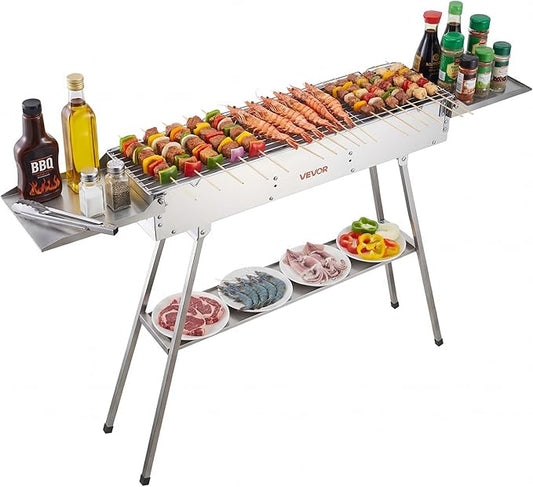 VEVOR Foldable Charcoal Grill, 250 sq.in. Portable Charcoal Barbecue Grill with Liftable Charcoal Tray & Side Tables, Brushed Stainless Steel BBQ Cooking Grills for Outdoor Camping Backyard Parties